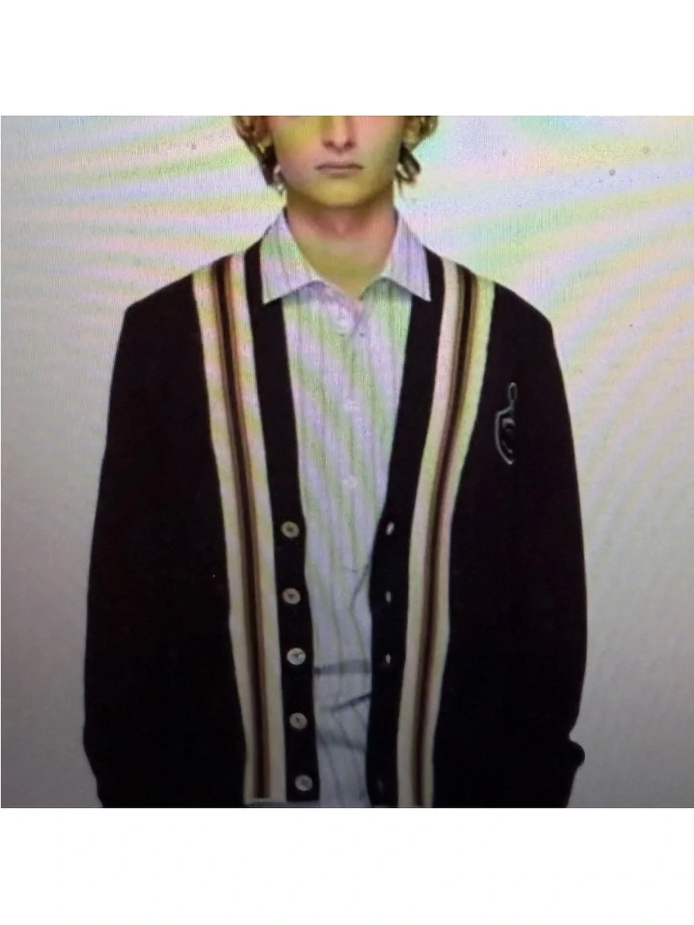 Gucci Black Cardigan with Cream and Brown Striped Placket